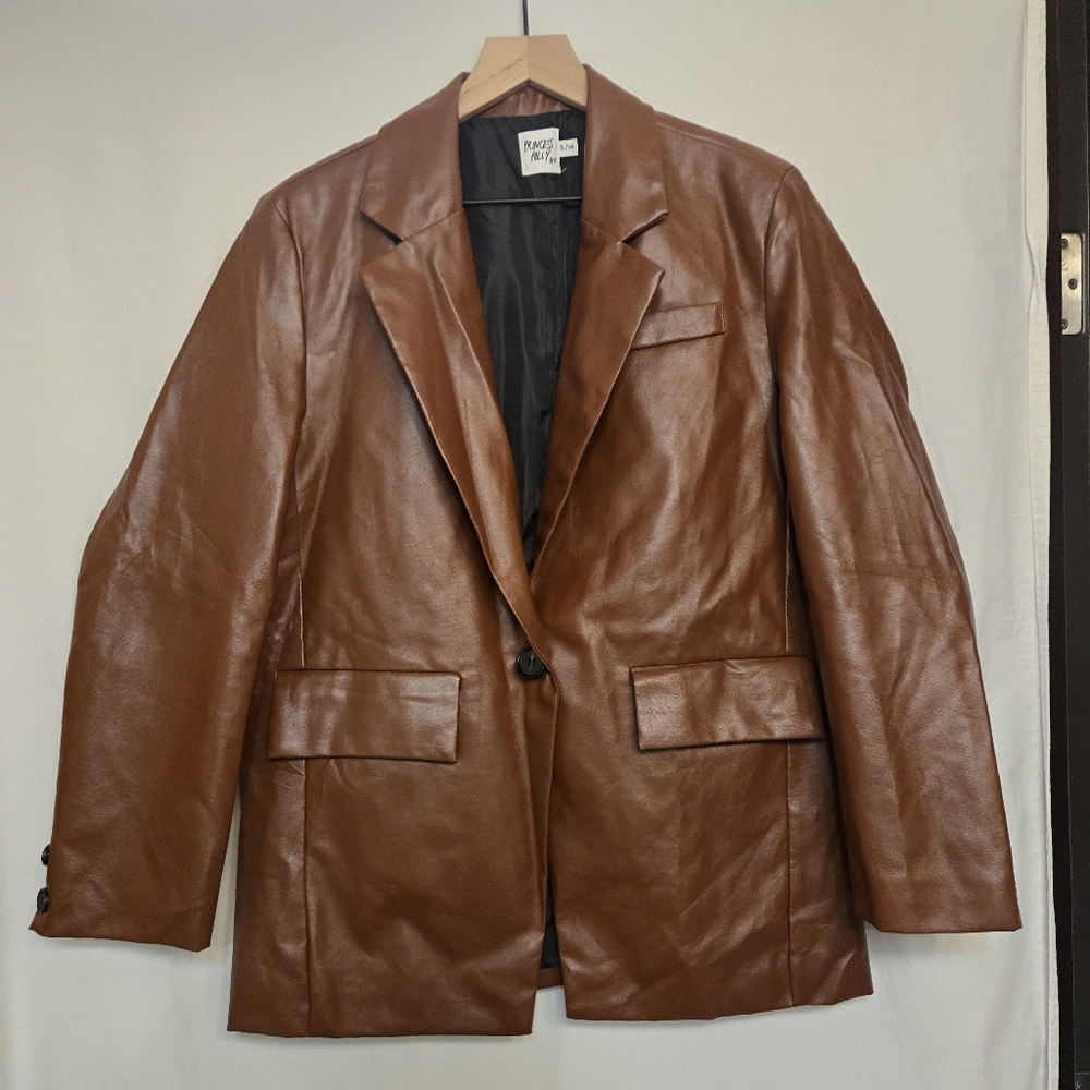Princess Polly Faux Vegan Leather Brown Blazer Jacket Small / Medium